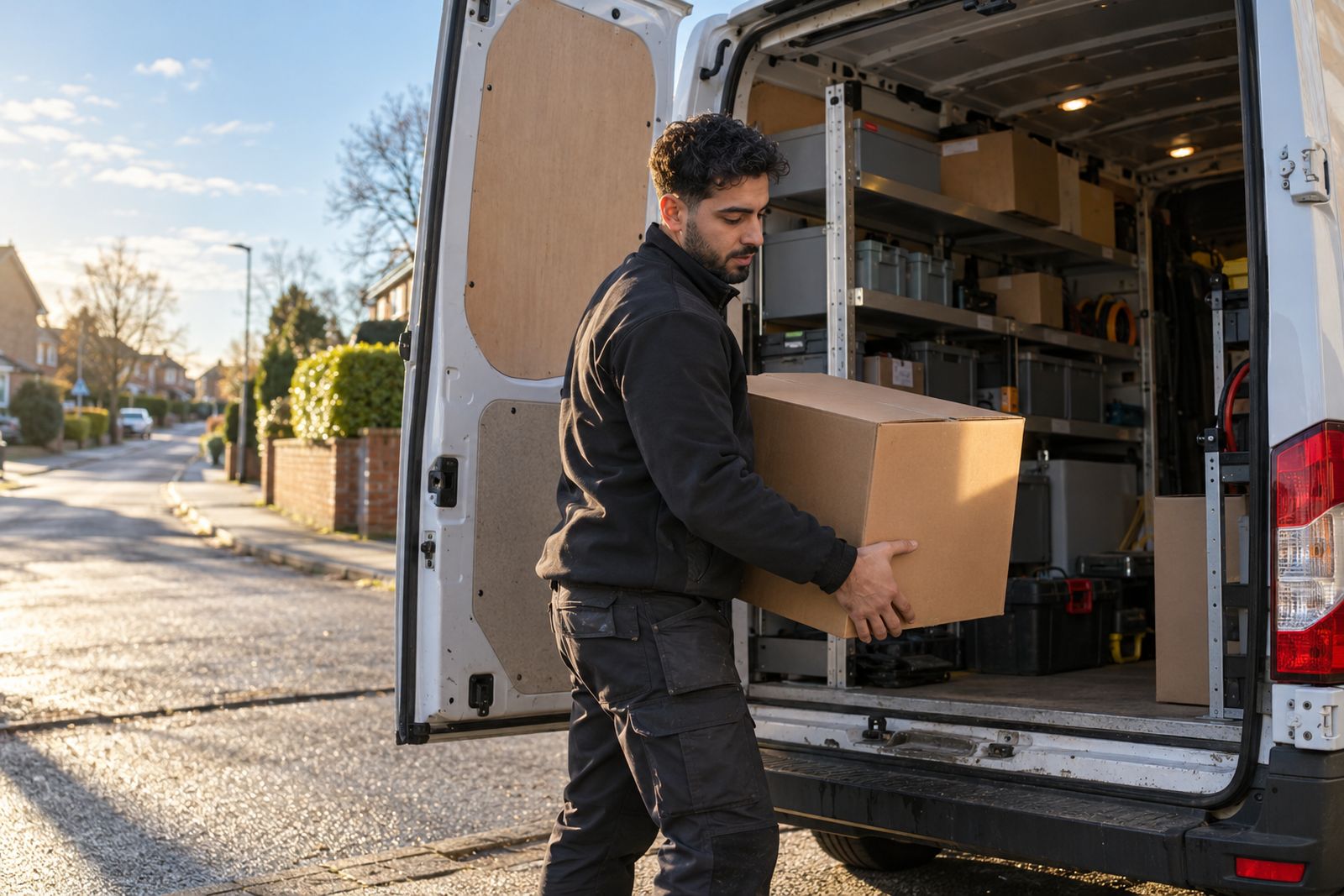 A service engineer lifting a replacement part from his van on a suburban street